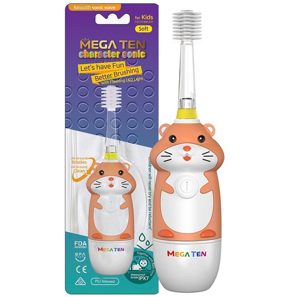 MEGA TEN 360-Degree Kids Electric Toothbrush Made in Korea | LED Light & Soft Microfiber Bristles & Comfortable Grip | Fun & Easy Brushing for Kids 12-48 Months | Built-in Timer | BPA Free | Hamster