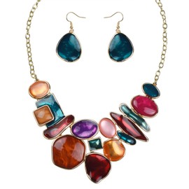 Fenni Vintage Colorful Crystal Bubble Chunky Statement Necklace Earrings Set Wedding Party Jewelry (Multicolor)