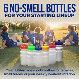 Rolling Sands USA Made 20 Ounce Sports Water Bottles - 6-Pack BPA-Free Blank Sports Bottles for Small Teams, Adults & Kids - Clear Frost Bottle/Blue Lid, No Smell No Taste