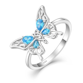 Guesma Blue Aquamarine Big Butterfly Statement Ring for Women - Solid Sterling Silver 18K White Gold Plated Teardrop Pear Created Birthstone Bands Jewelry Size 9