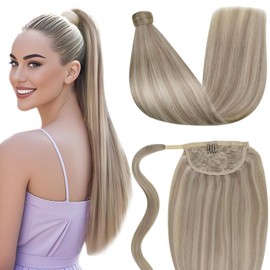 LaaVoo #P18/613 Real Hair Ponytail Extensions Blonde Hair Extensions Braid Remy Ash Blonde Highlight Bleached Blonde 35 cm