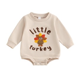 FYBITBO Newborn Thanksgiving Outfit Boy Girl Little Turkey Romper Bubble Sweatshirt Onesie Fall Thanksgiving Baby Clothes (Apricot, 3-6 Months)