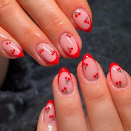 Cute Press on Nails Short Almond French Tip Fake Nails Full Cover Petite False Nails with Cherry Designs Red Glossy Glue on Nails Acrylic Nails Manicure Artificial Nails for Women Girls 24Pcs