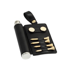 Bey-Berk 2 Oz. Stainless Steel Leather Flask With 4 Tee's, 2 Ball Marker's And Hanging Strap, Black