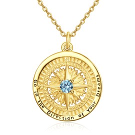 KINGWHYTE Graduation Gifts Birthstone Necklace for Women 925 Sterling Silver Compass Pendant Go in the Direction of your Dream Travel Jewelry Birthday Gift for Her, Gold February