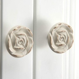 Antique Rose Flower Cabinet Knobs, Vintage Kitchen Shabby Chic Zinc Alloy White Drawer Pull Handles for Dresser Vanity Nightstand Cupboard Wardrobe with 3 Size Screws, 8 Pack (Golden Line)