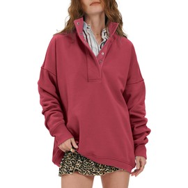 YOQYO Women's Oversized Sweatshirts Casual Button Henley Neck Pullover Tops Fashion Outfits Clothes Burgundy M