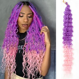 Curly Braiding Hair 24 Inch Deep Wave Crochet Hair 7 Packs Synthetic Curly Crochet Hair For Black Women Long Ocean Wavy Curly Crochet Braiding Hair For Bohemian Braids Hair Extensions Purple/Pink