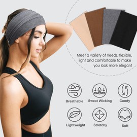 DRESHOW Wide Headbands for Women Elastic Turban Hair Bands Boho Head Bands for Women's Hair Non-Slip Yoga Workout Hairband Girls Accessories 4 Pack
