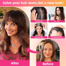 Hairenjoys Clip in Hair Toppers with Bangs, 18 Inch 360° 3D Cover Pieces for Women with Thinning Hair (Brown with Highlights)