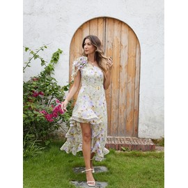 GRACE KARIN Women's 2024 Summer One Shoulder Sleeveless Dress Floral Split Tiered Asymmetrical Flowy Sundress Green Purple