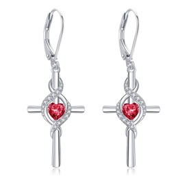 ONEFINITY Cross Earrings for Women 925 Sterling Silver Cross Birthstone Dangle Drop Earrings Infinity Cross Religious Jewelry Gifts for Women (01-Jan-Created Garnet)