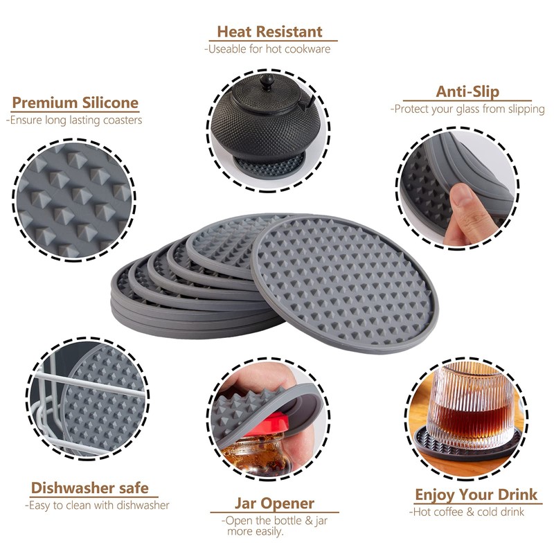 Coga Silicone Coasters Set of 8 - Square, Grey, Heat
