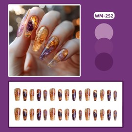 Press on Nails Medium Ballet Shaped Purple Gold Aurora Acrylic Fake Nail Full Cover Glitter Artificial Fingernails Glossy Artificial Stick on Nail Press Ons Glue on Nails for Women Manicure 24Pcs