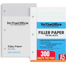1InTheOffice Mini Binder Paper 3 Hole 5.5 x 8.5 Paper, 5x8 College Filler paper (300 sheets)