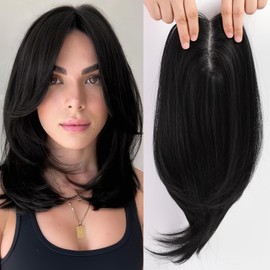 Starluck 14 Inch Black Hair Toppers for Women - Synthetic Hair Pieces with 3 Clips - Swiss Base