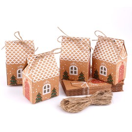 NQEUEPN 24pcs Mini Christmas Party Favor Boxes, Cute Christmas House Boxes with Rope Craft Paper Small Gift Box for Cookie Bakery Candy Cupcake Party Favor (Christmas Tree)