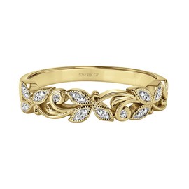 Stackable Floral Vine Leaf 0.07 Cttw Diamond Wedding Rings for Women; Anniversary or Promise Rings for Her in 18K Yellow Gold Vermeil; Gold-Plated Silver Rings for Women (I-J Color, I2-I3 Clarity),