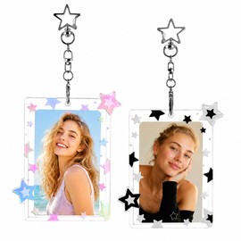 Belmeri 2 Pack Photocard Holder Keychain, Cute PVC Photo Card Holder with Star Pendant, Clear Hard Protective Case for 2.75 Inch Photo Cards, ID, Bus Cards, Star Photocard (Black + pink)