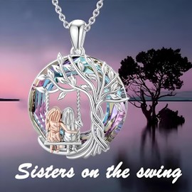 2 PC Tree of Life Pendant + Swinging Necklace, Silver Chain, Rainbow Crystal Accents, Vintage Swing Design, Adjustable, Stainless Steel, Cubic Zirconia