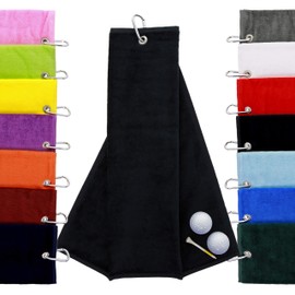aztex Tri-Fold Golf Towel with Carabiner Clip, Cotton Velour, 590gsm, Black