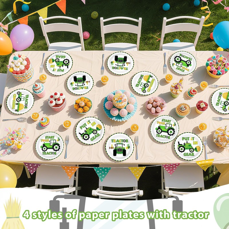 60Pcs Tractor Paper Plates 9" Green Cartoon Tractor Heavy Duty