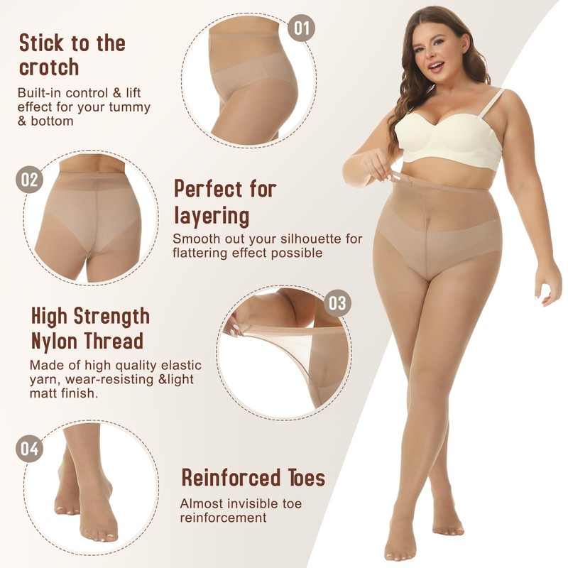 MANZI Women's 4 Pairs Plus Size Control Top Ultra-Soft Tights(Natural