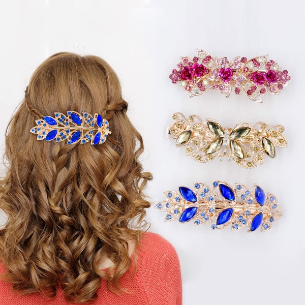 Crystal Hair Clip, 3pcs Rhinestones Hair Barrettes Bling Vintage Spring Hair Clips Bridal Wedding Formal Event Jewelry Accessory for Women Girl Pink/Blue/Champagne