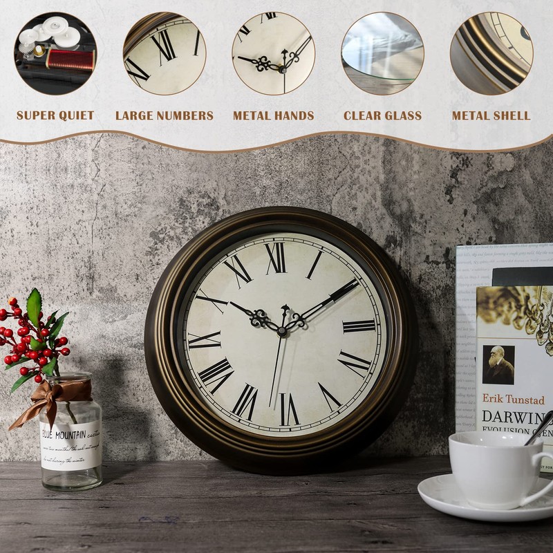Plumeet Large Metal Wall Clock, 13'' Non Ticking Classic Retro