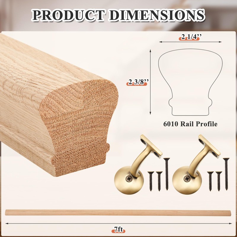 6010 Red Oak Straight Wood Handrail Kit 7 ft for