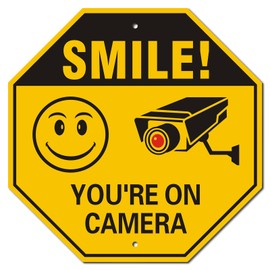 Smile You’re on Camera Signs, 10x10 inch Rust-Free Aluminum Surveillance, UV Printed Outdoor Video Security Warning Signs for Yard, Home, Business, Property