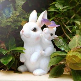 Garden Outdoor Statues Rabbit with Solar Lights,Mother&Baby Bunny Figurine with Solar Butterfly Changing Lights for Yard Art Garden&Patio Decor,Unique Thanksgiving&Birthday Gifts for Women Mom Grandma