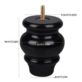 Btowin 3.6 Inch/ 9cm Solid Wood Furniture Legs, 4Pcs Black Turned Wooden Bun Feet with Threaded 5/16'' Hanger Bolts & Mounting Plate & Screws for Sofa Cabinet Ottoman Loveseat Recliner