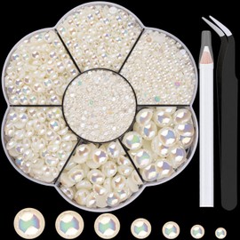 Nail Art Flat Back Half Round Pearl Kits 2, 1 Box of 6000 Pcs Flat-Back Beige AB Pearl with Tweezer and Picker Pencil for Home DIY Nails Body Face Craft and Salon Use