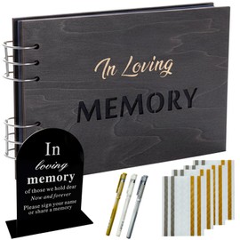 Wooden Memorial Guest Book for Funeral & Celebration of Life - 8.3" x 11.7" Large Memory Book with Black Pages for Polaroid Photos - Includes 3 Metallic Pens, 408 Photo Corners & Acrylic Table Sign