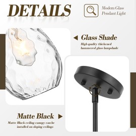 SADUENFR Black Pendant Lights Kitchen Island 2 Pack, Modern Glass Pendant Light Fixtures with Hammered Glass and Rods, Adjustable Small Hanging Light for Kitchen Sink Dining Room Bathroom