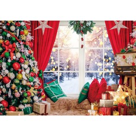 Msocio 7x5ft Christmas Window Backdrop Winter Snow Scene Photography Background for Merry Christmas Xmas Holiday Happy New Year Party Decorations Banner Family Portrait Photo Booth Props