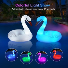 Inflatable Swan Pool Floats with Colorful Lights, FlyfreeU Solar LED Color Changing Swan Swim Float Rings, 42 Inch Large Pool Beach Floaties Lake Beach Floaty Summer Pool Raft Lounge for Adults