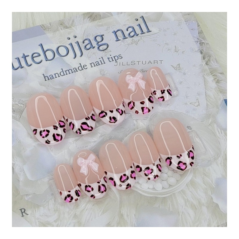 Pink Leopard Handmade Nail Tips - Oval M / 핑크
