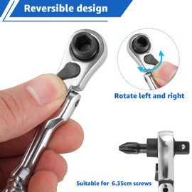 Ratchet Handle Chrome Vanadium Steel 2 in 1 Multifunctional Flex Head Ratchet Wrench 1/4inch Drive Ratchet and Bit Driver Tool Reversible Mini Socket Wrench for Furniture (Circular handle,silver)