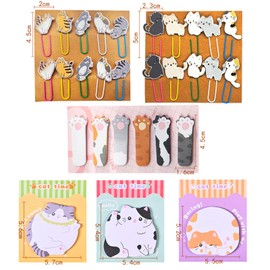 Zuverly 20 Cat Paper Clip Bookmarks, 2 Sets Cat Bookmark Holder, with 3 Cat Sticky Notes, 1 Index Sticky Note Sticker, Office Notebook, Photo Bookmark, Paper Clip for School Children, Gifts