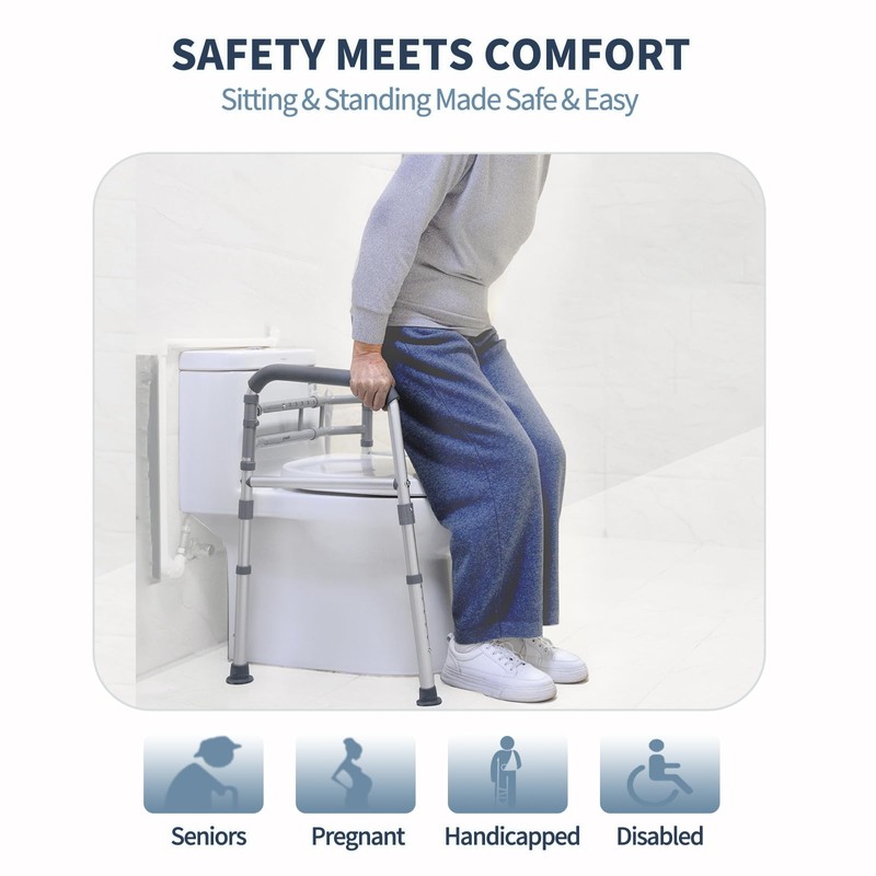 Toilet Safety Rails, Height-Adjustable, Foldable, Tool-Free Assembly, for Elderly, Seniors,