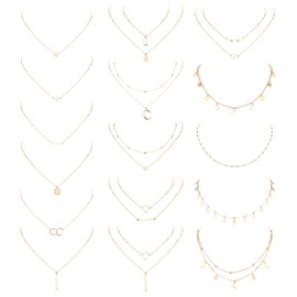MILACOLATO Necklaces for Women 16Pcs Long Pendant Danity Layered Choker Necklaces Pendant Coin Moon Boho Star Pearl Chain Choker Multi-Layer Necklaces Set for Women Adjustable Gold Silver Tone