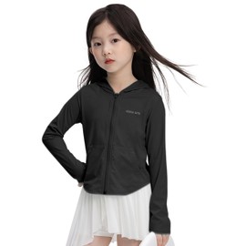 Rolanko Kids Sun Protective Jacket Quick Dry Athletic Hoodie for Girls Crop Workout Tops UV Clothing(Black,10-11 Y)