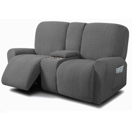 ULTICOR Reclining Love Seat with Middle Console Slipcover, 8-Piece Jacquared Stretch Loveseat Reclining Sofa Covers, 2 seat Loveseat Recliner Cover, Thick, Soft, Washable, (Style 2) (Dark Grey)
