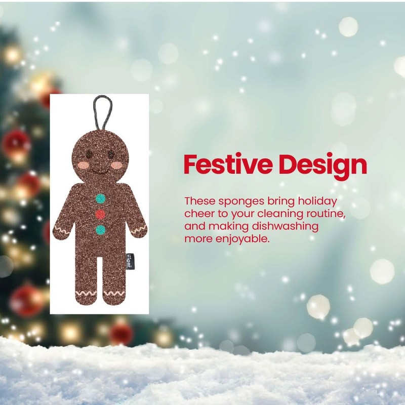 Vigar Gingerbread Man Scrubber Sponge – 3 Pack, Seasonal Design,