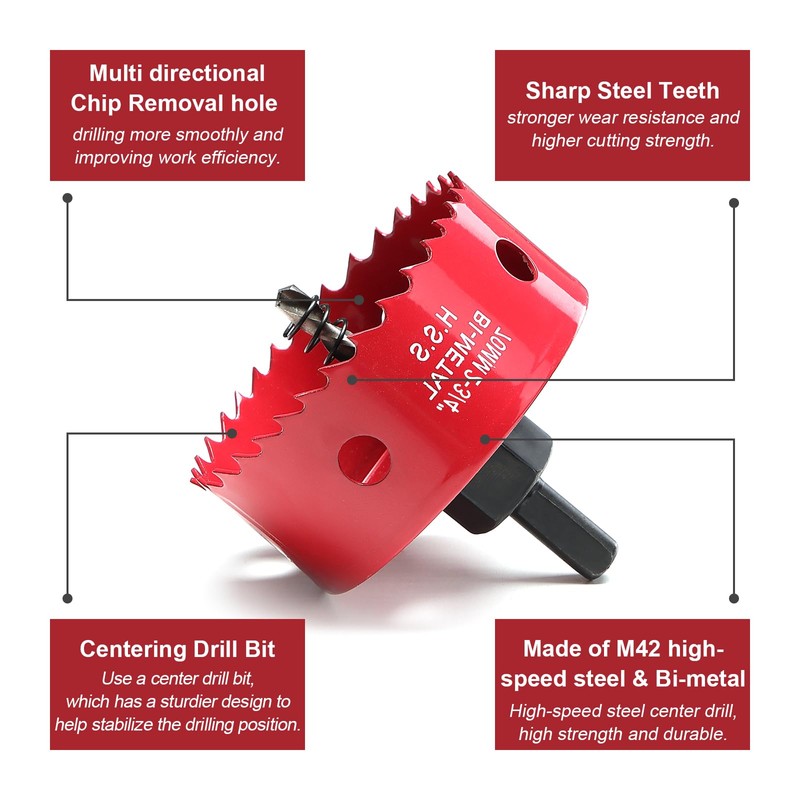 70 mm Hole Saw, Bi-Metal Circular Saw for Wood, HSS