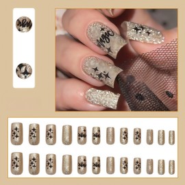 24 Pcs Gold Glitter Press on Nails Short Square Fake Nails with Black Letter Star Design Full Cover Stick on Nails Artificial Glossy Press ons Sparkly Glue on Nails Acrylic Nails for Women Manicure