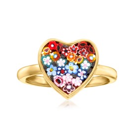 Ross-Simons Italian Multicolored Murano Glass Mosaic Floral Heart Ring in 18kt Gold Over Sterling. Size 6