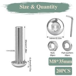 GOHODOMINO M8×35mm Button Head Socket Cap Bolts Screws, Nuts, Flat Washers, 20Pcs, 304 Stainless Steel 18-8, Fully Threaded, with Hex Spanner